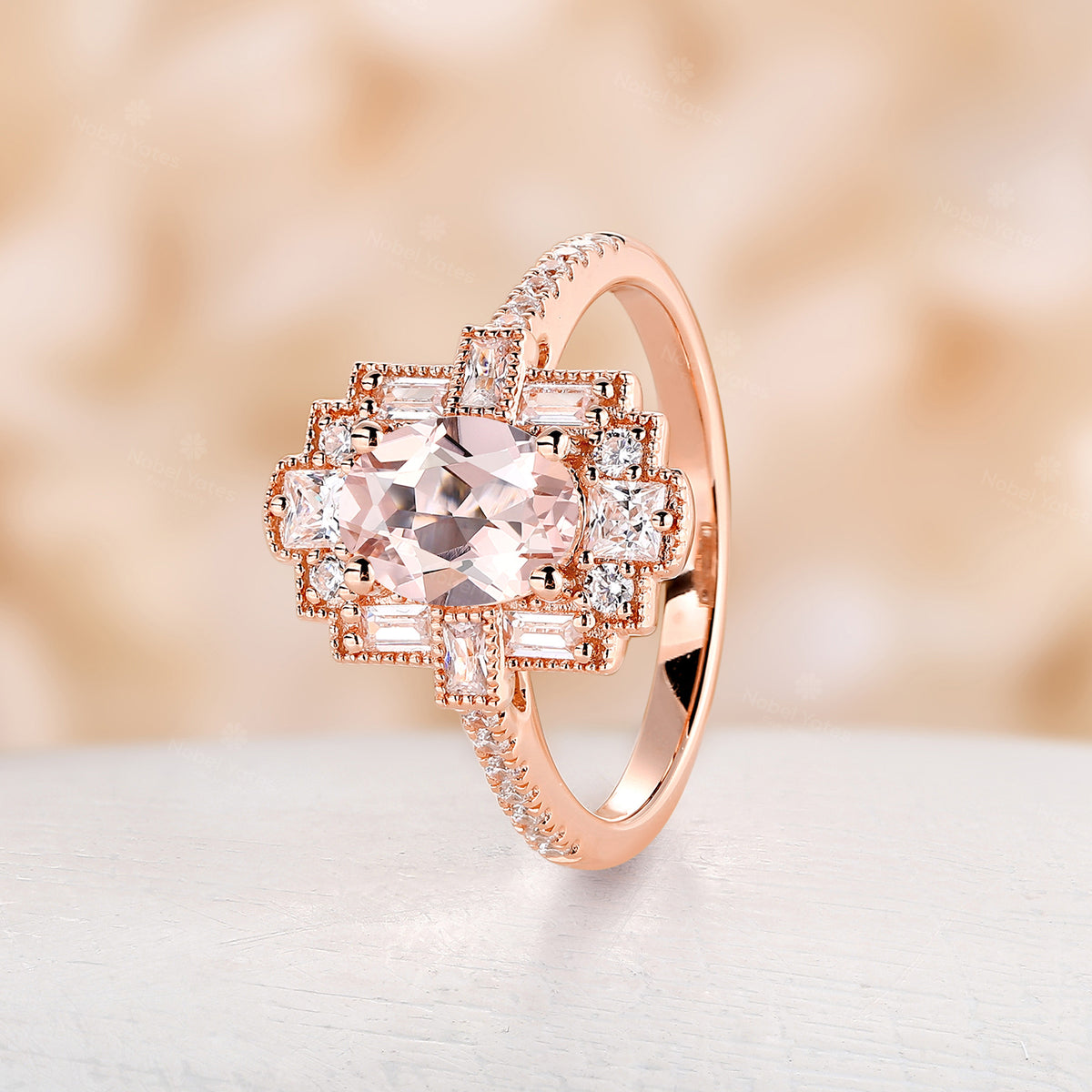 Oval Pink Morganite Art Deco Milgrain Engagement Ring