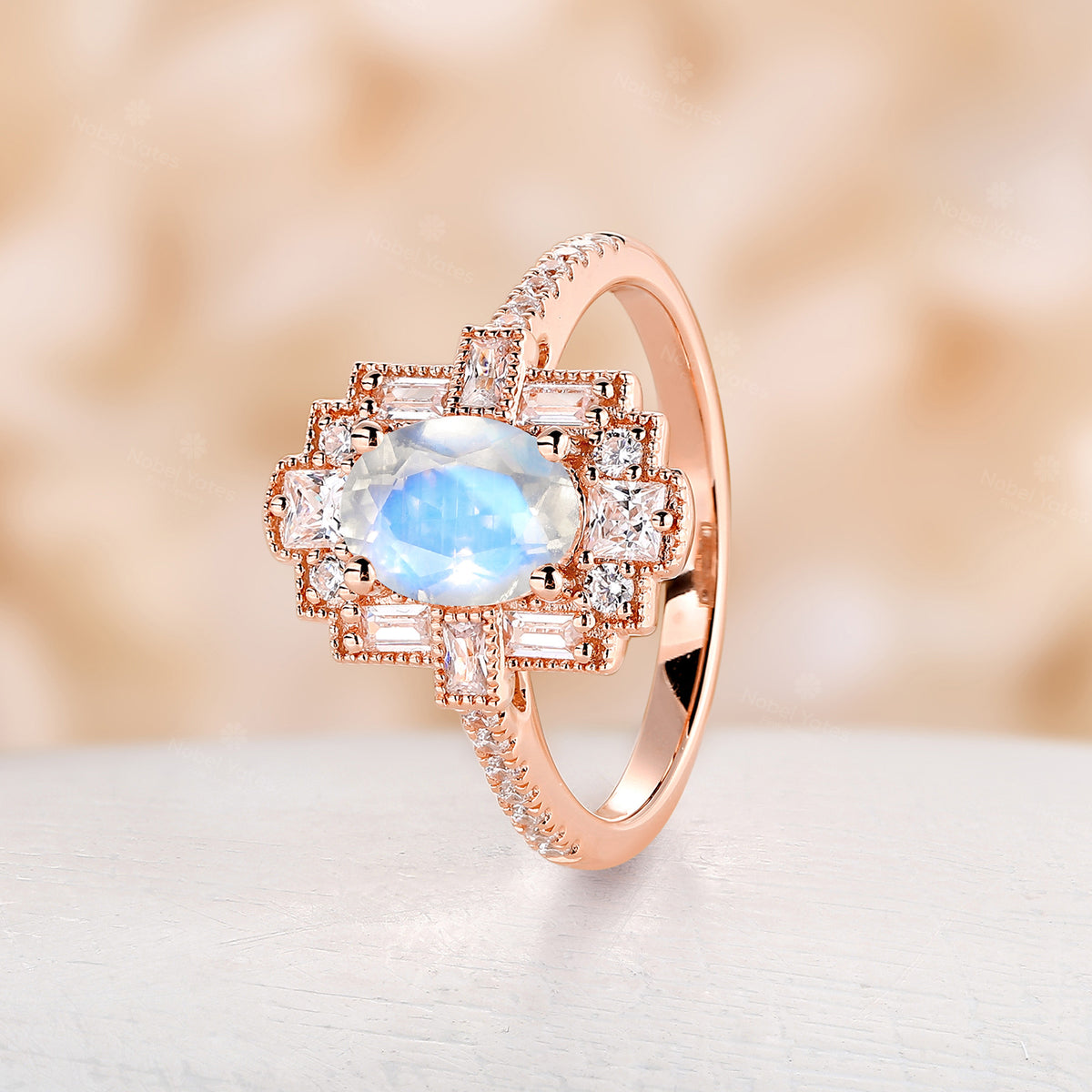 Oval Moonstone Art Deco Rose Gold Milgrain Engagement Ring