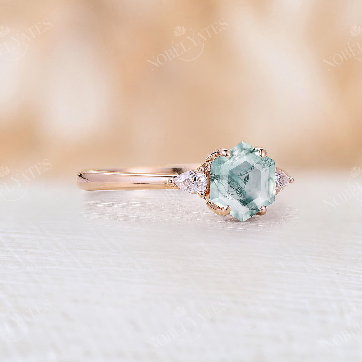 Hexagon Moss Agate Three Stone Engagement Ring Rose Gold