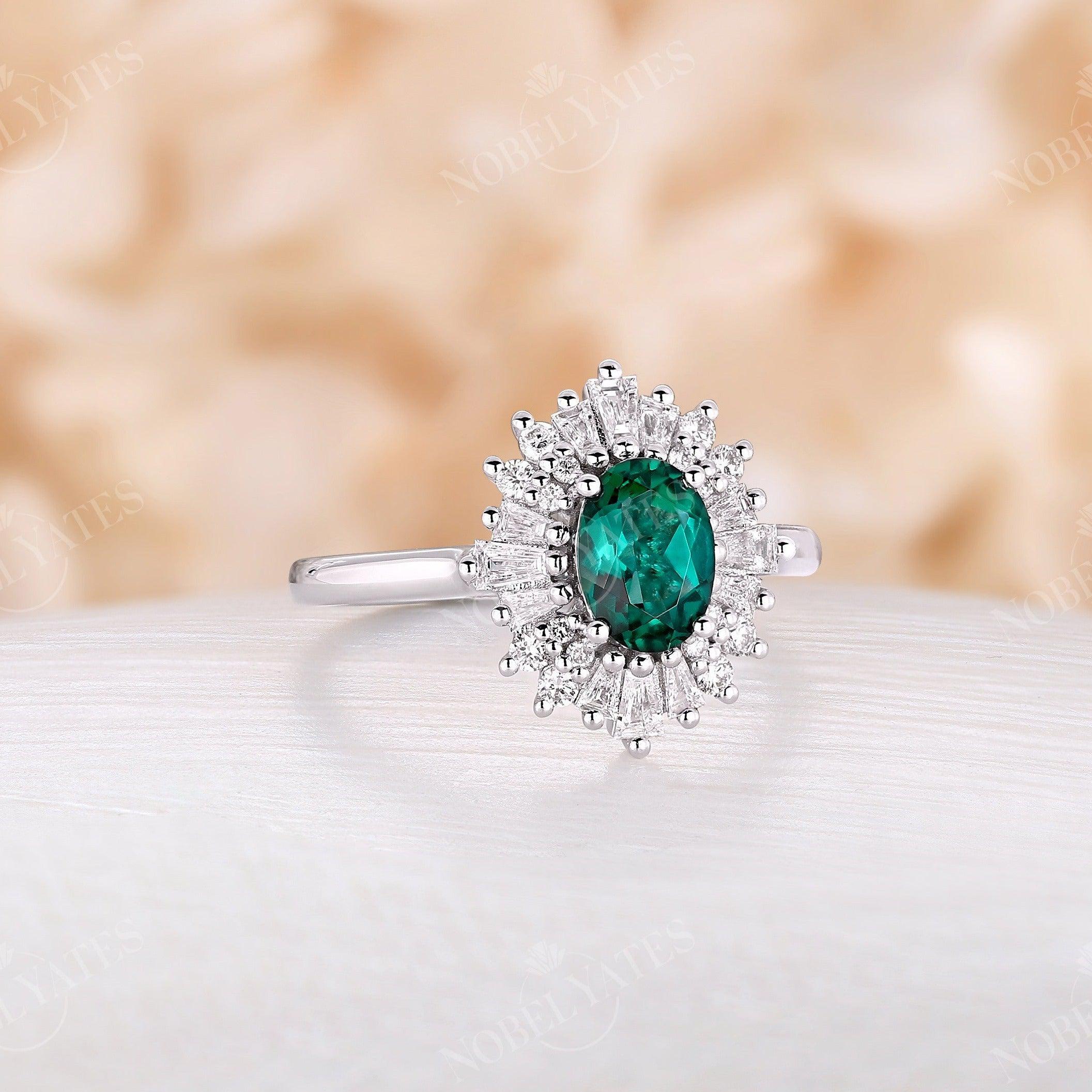 Oval Emerald Engagement Ring, Sterling Silver Emerald Ring,With Side Accents Moissanite 2024 Round Unique Art-Deco Emerald Halo Ring.