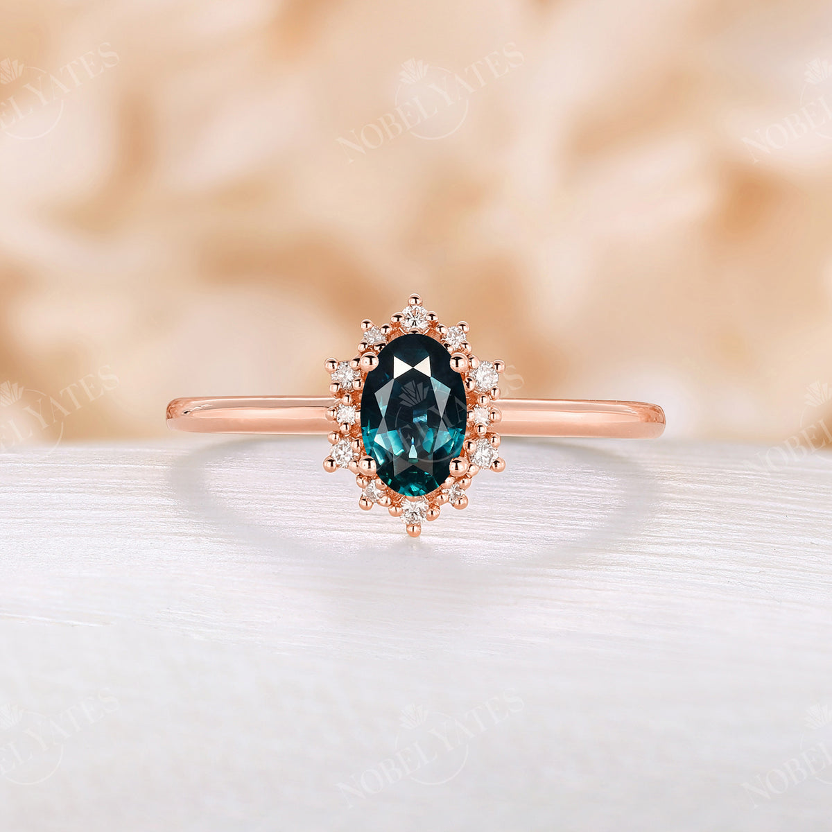 Oval Teal Sapphire Diamond Halo Rose Gold Engagement Ring