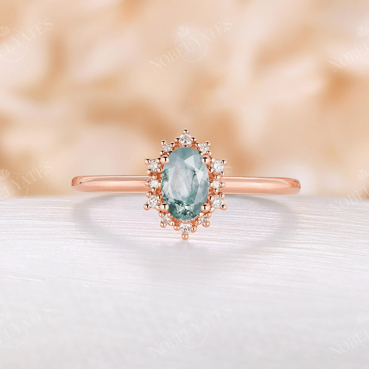 Moss Agate Oval Halo Engagement Ring Rose Gold