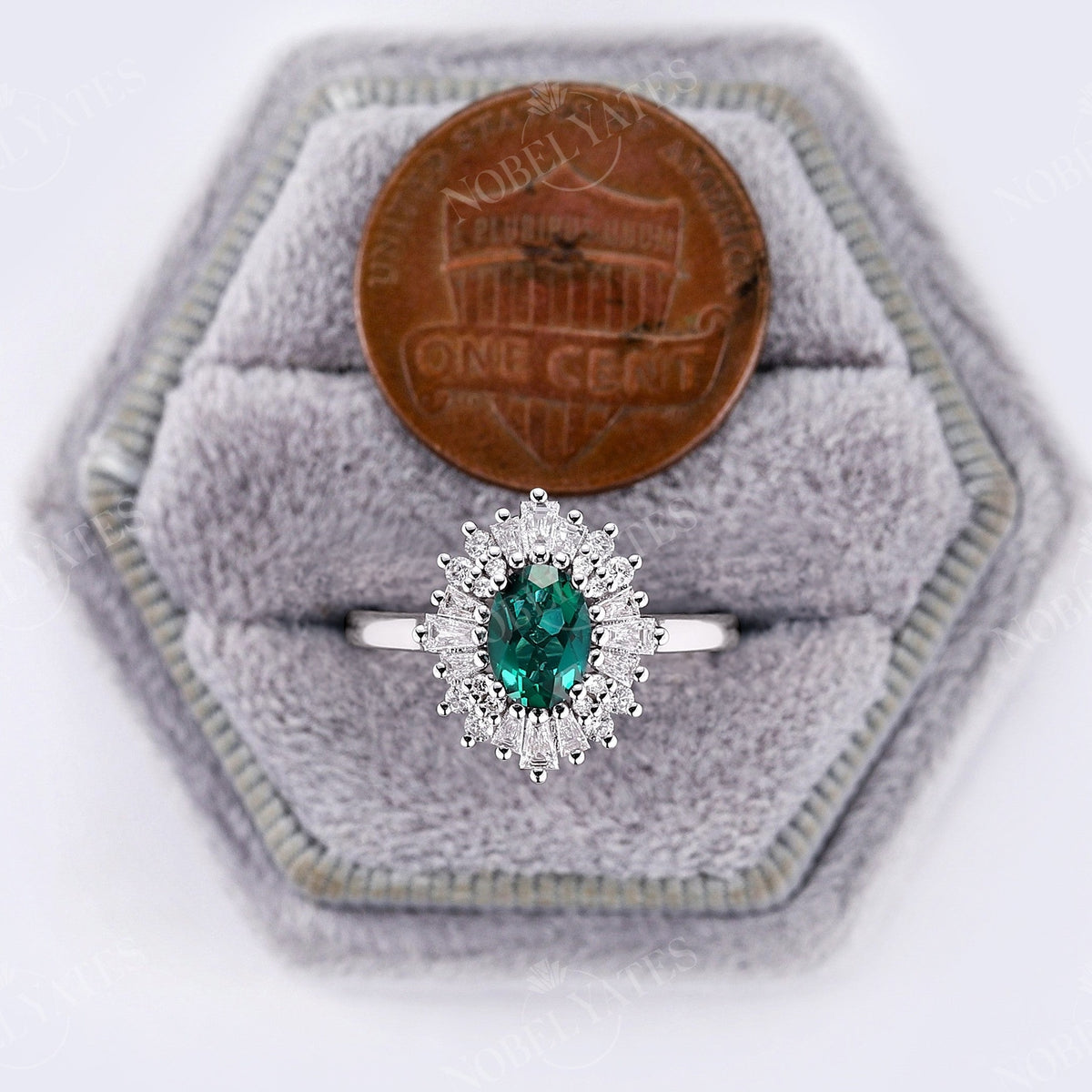 Art deco Oval Lab Emerald Halo Engagement Ring White Gold