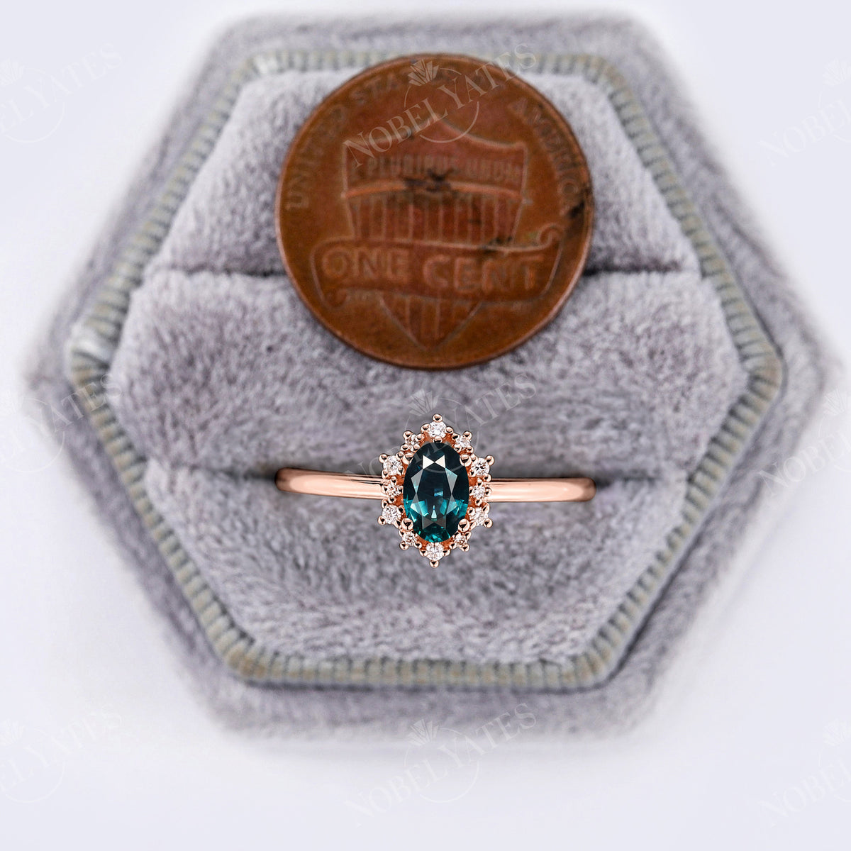 Oval Teal Sapphire Diamond Halo Rose Gold Engagement Ring