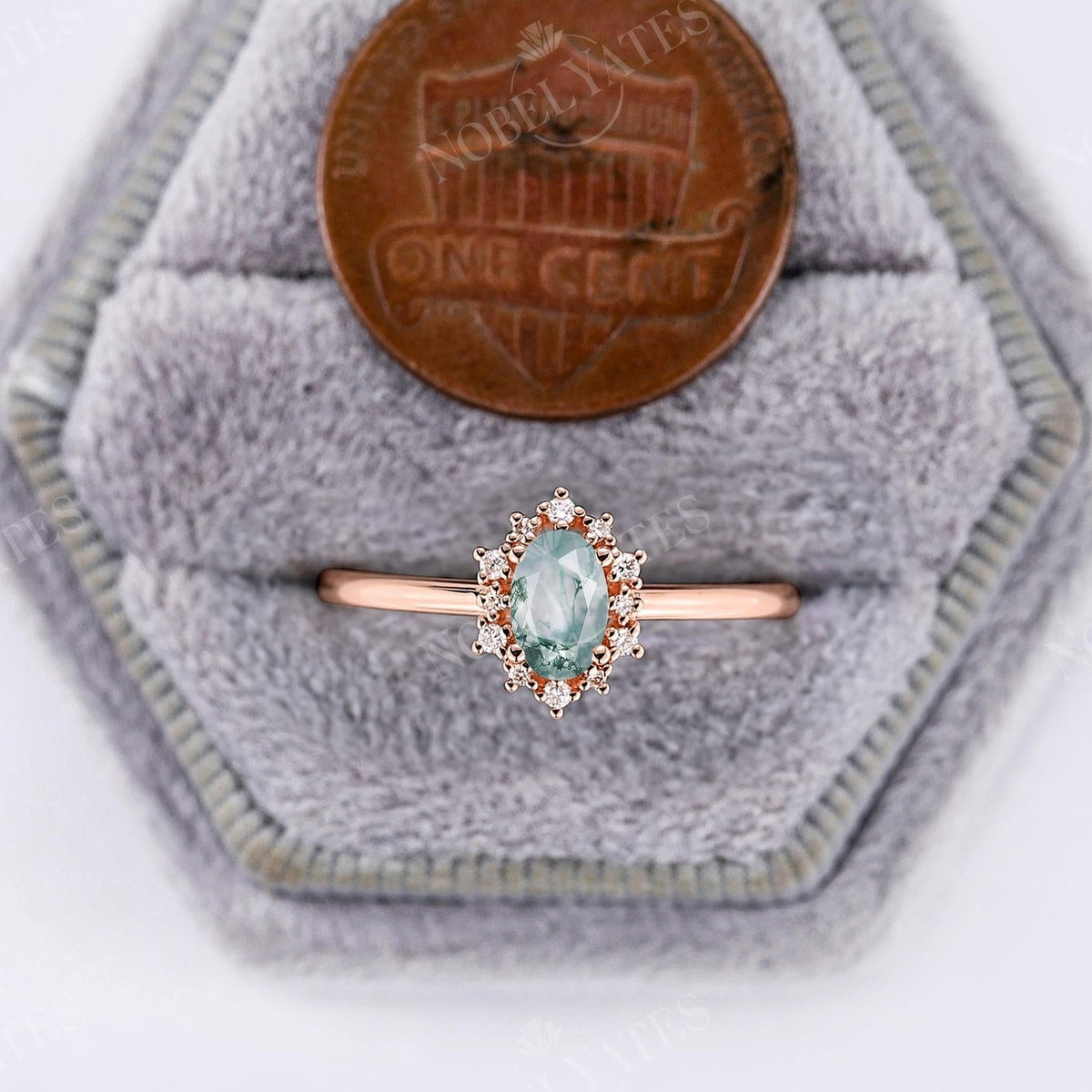 Moss Agate Oval Halo Engagement Ring Rose Gold