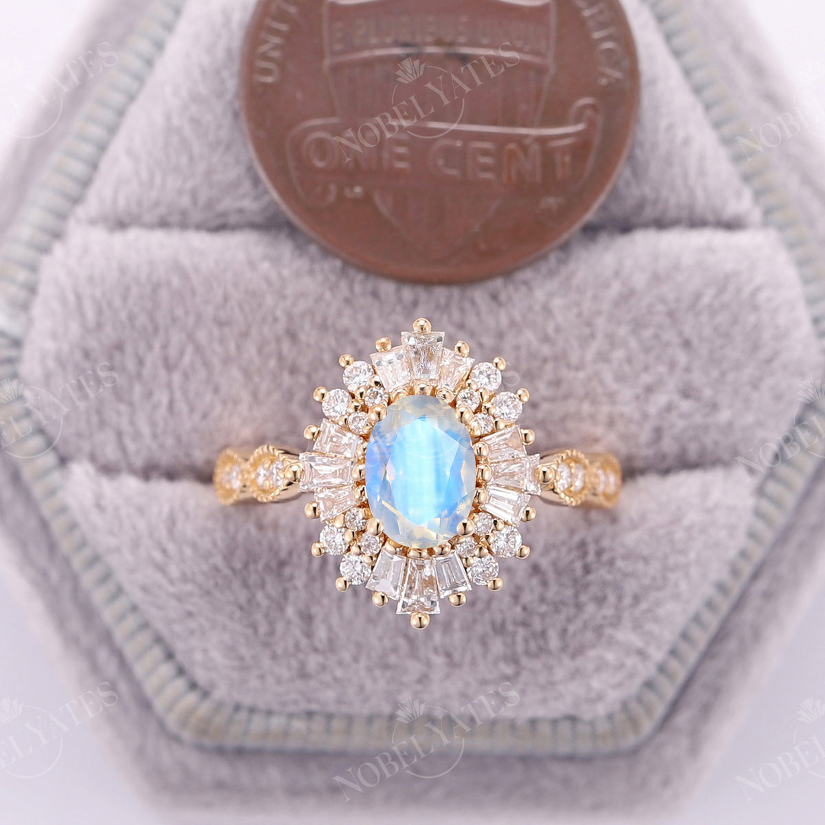 Blue Moonstone Oval Halo Milgrain Engagement Ring Rose Gold Art Deco