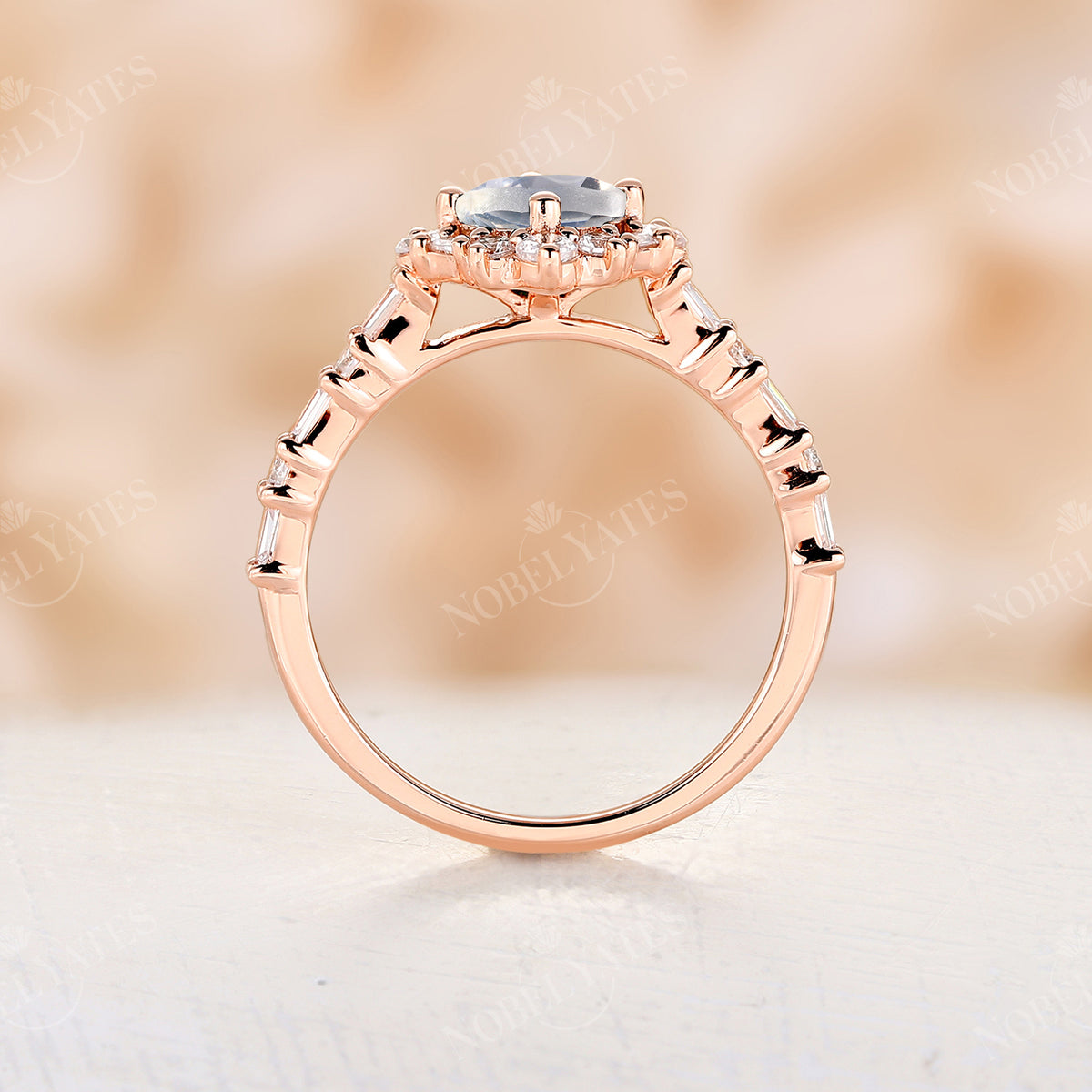 Blue Moonstone Art Deco Round Engagement Ring Rose Gold Halo