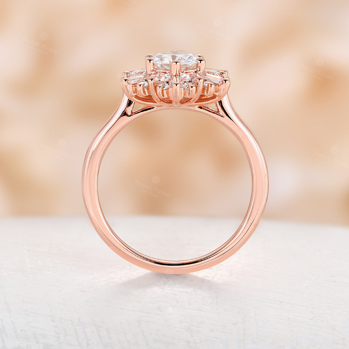 Round Moissanite Starburst Engagement Ring  Art Deco Halo CZ Rose Gold Ring