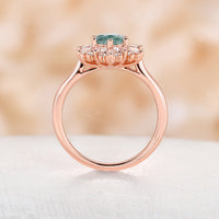 Starburst Round Moss Agate Engagement Ring  Art Deco Halo CZ Rose Gold Ring