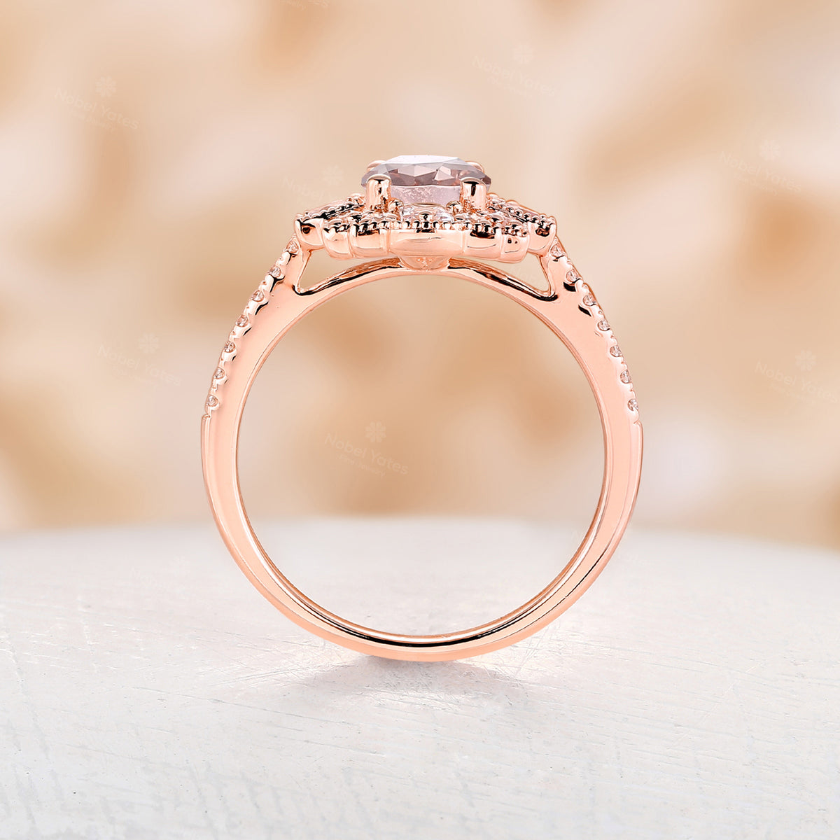 Oval Pink Morganite Art Deco Milgrain Engagement Ring