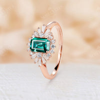 Emerald Cut Lab Emerald Art Deco Cluster Engagemen Ring Rose Gold