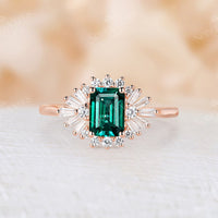 Emerald Cut Lab Emerald Art Deco Cluster Engagemen Ring Rose Gold