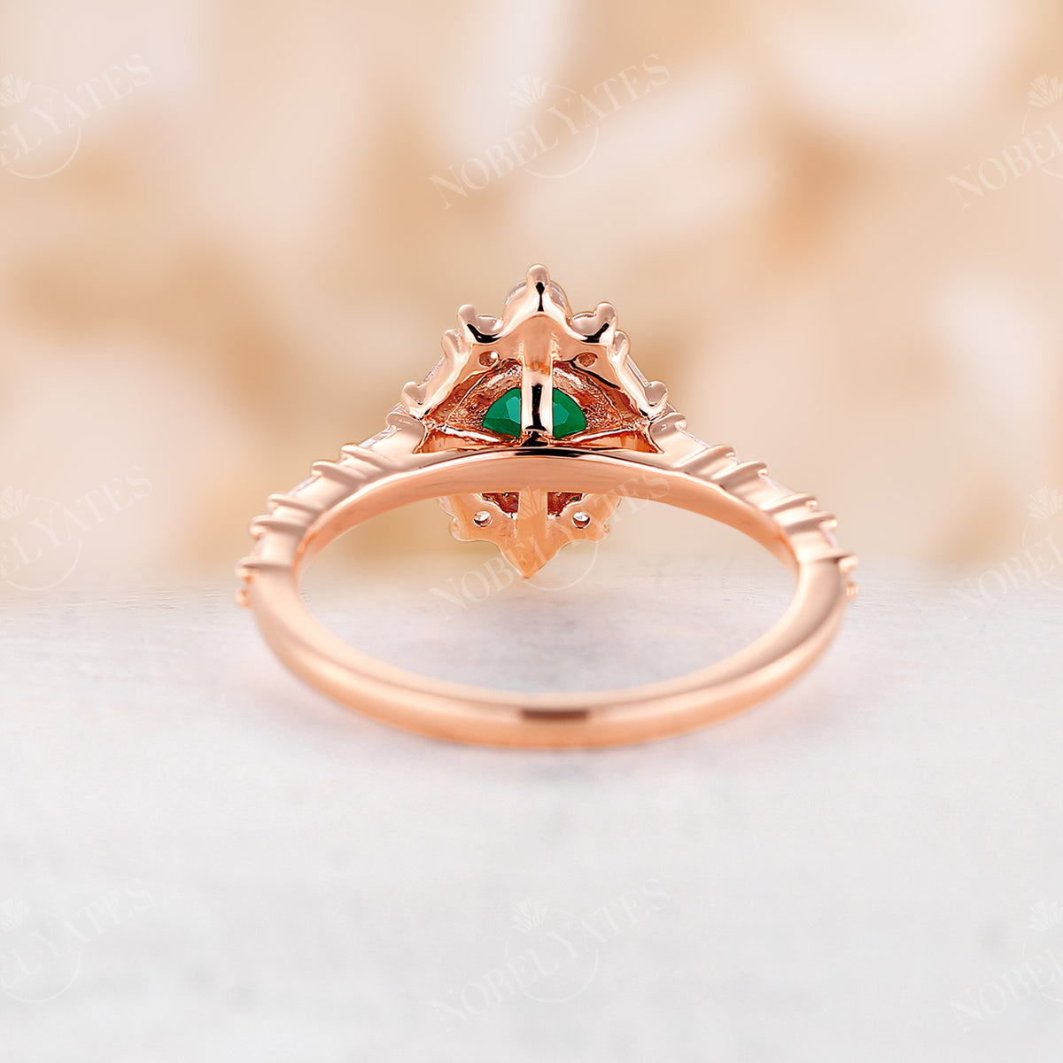 Art Deco Round Lab Emerald Rose Gold Halo Engagement Ring
