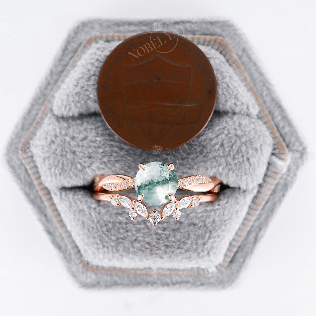 Vintage Round Moss Agate Twist Bridal Set Rose Gold Moissanite Ring