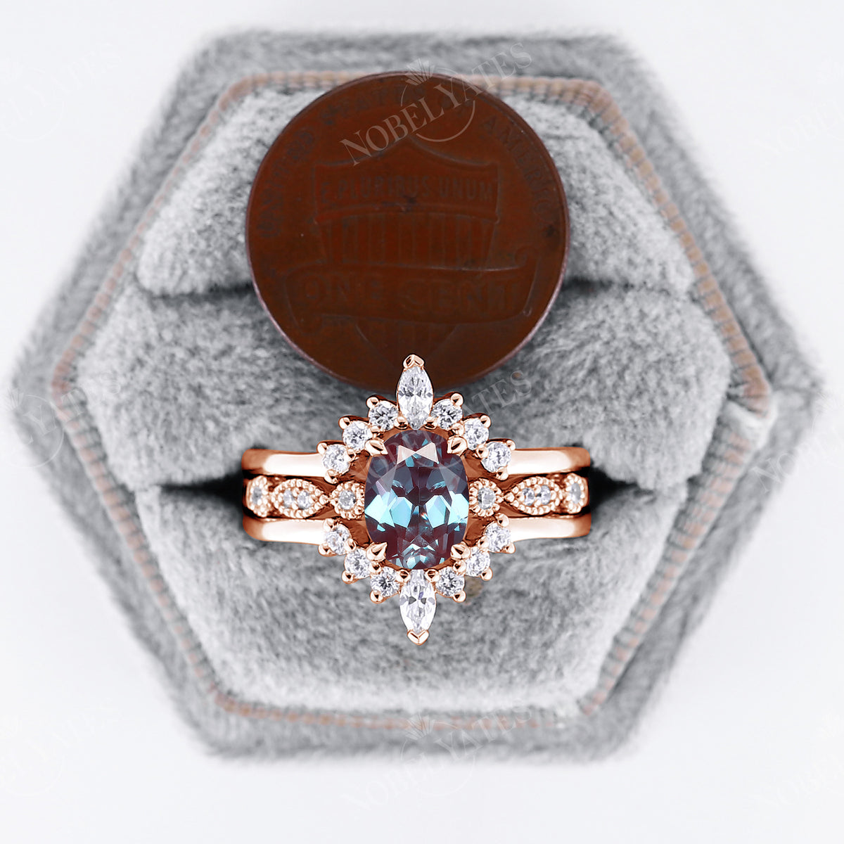 Lab Alexandrite Oval Bridal Sets Rose Gold Moissanite Milgrain Ring