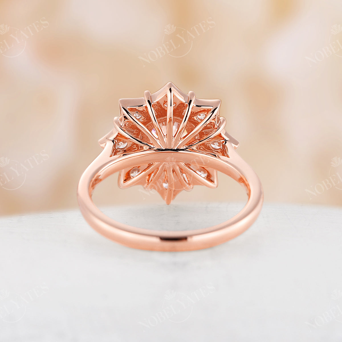 Art Deco Round Moissanite Rose Gold Halo Floral Engagement Ring