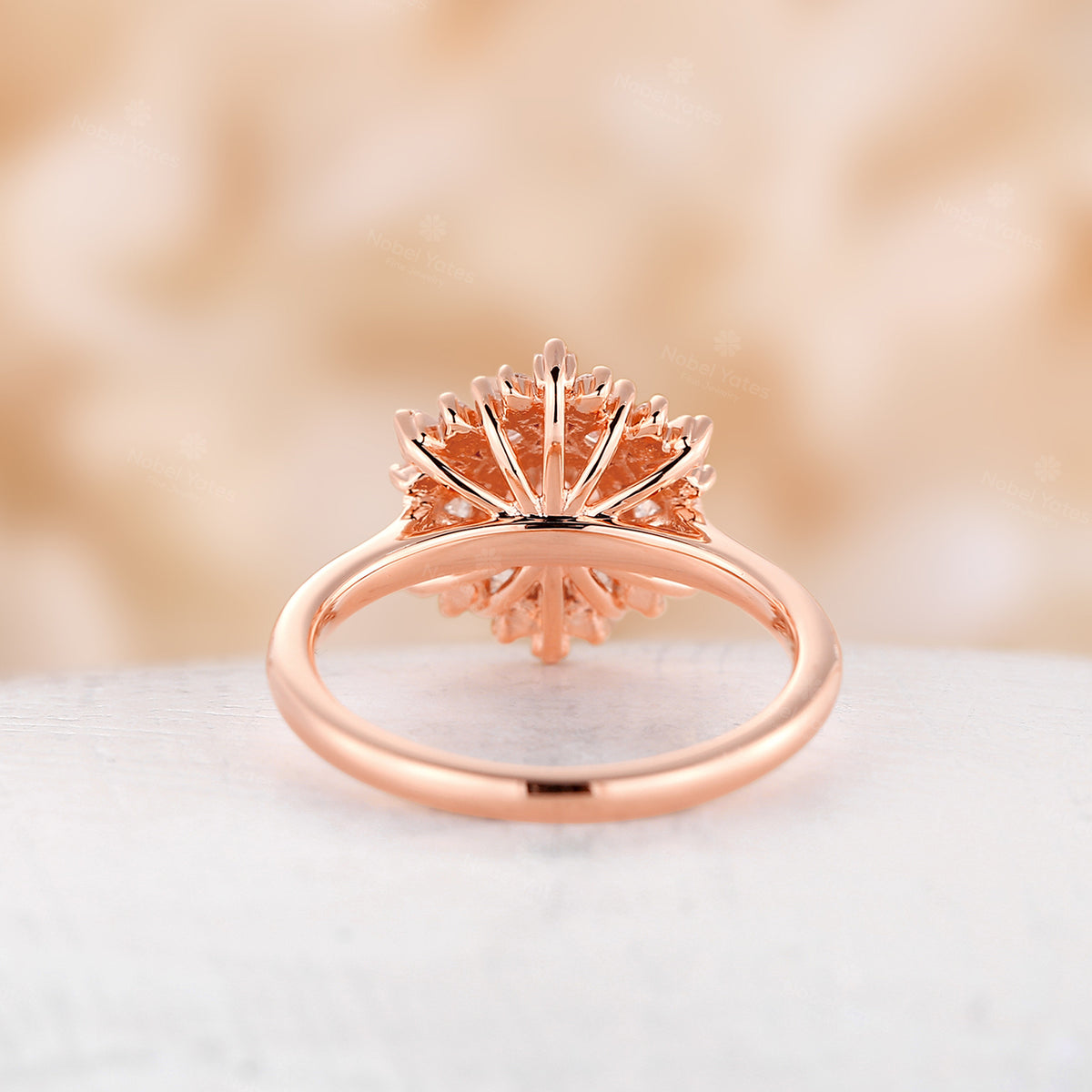 Round Moissanite Starburst Engagement Ring  Art Deco Halo CZ Rose Gold Ring