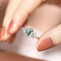 Pear Moss Agate Cluster Engagement Ring Rose Gold