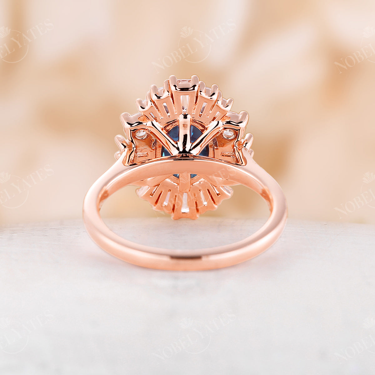 Oval Lab Alexandrite Art Deco Cluster Engagement Ring Rose Gold