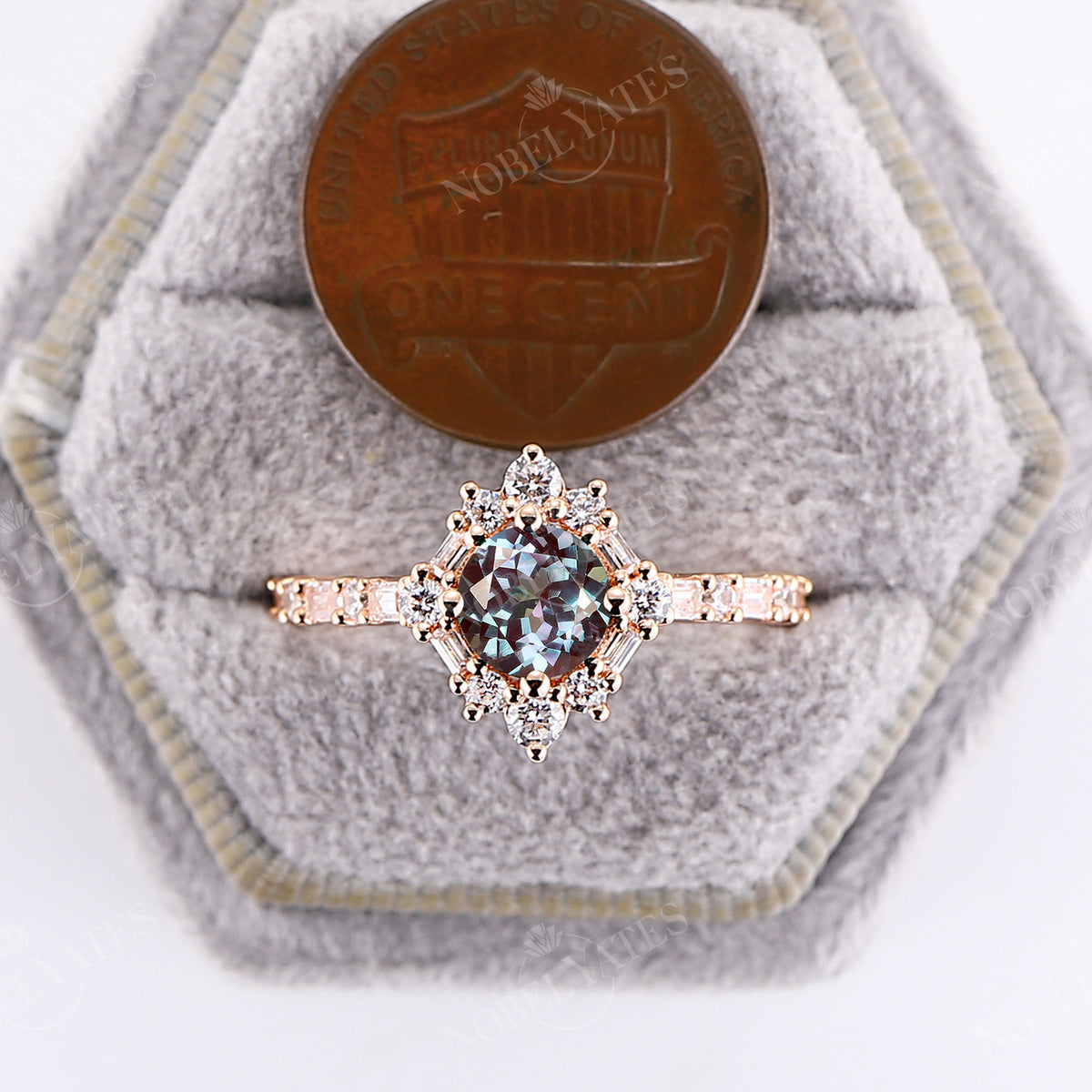 Round Cut Lab Alexandrite Rose Gold Halo Engagement Ring Art Deco