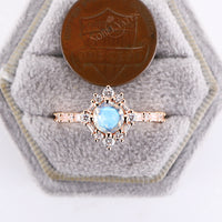 Blue Moonstone Art Deco Round Engagement Ring Rose Gold Halo