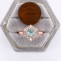 Starburst Round Moss Agate Engagement Ring  Art Deco Halo CZ Rose Gold Ring