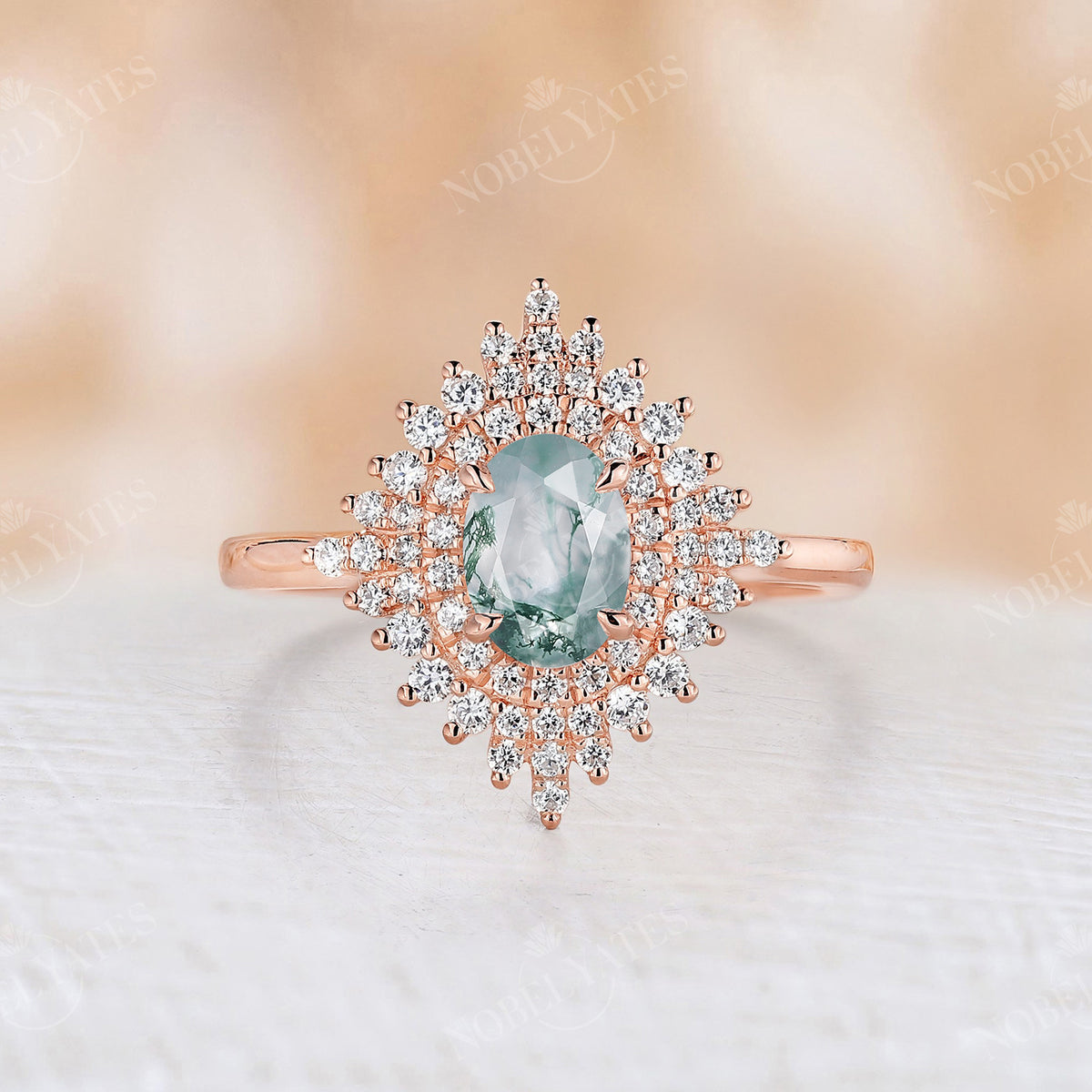 Moss Agate Vintage Oval Rose Gold Halo Engagement Ring