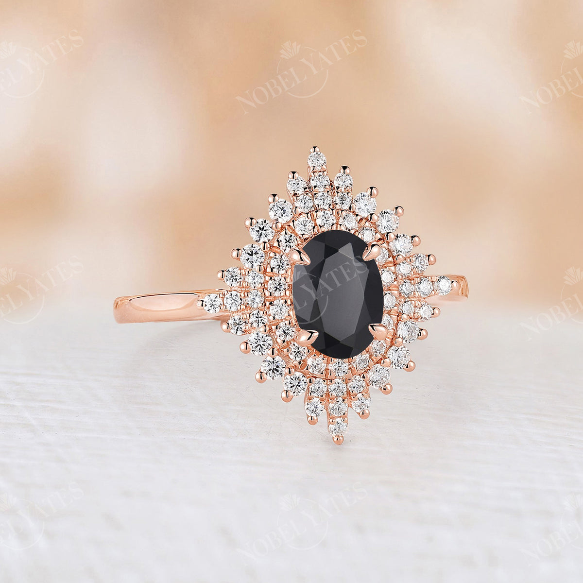 Vintage Oval Cut Black Onyx Rose Gold Halo Engagement Ring