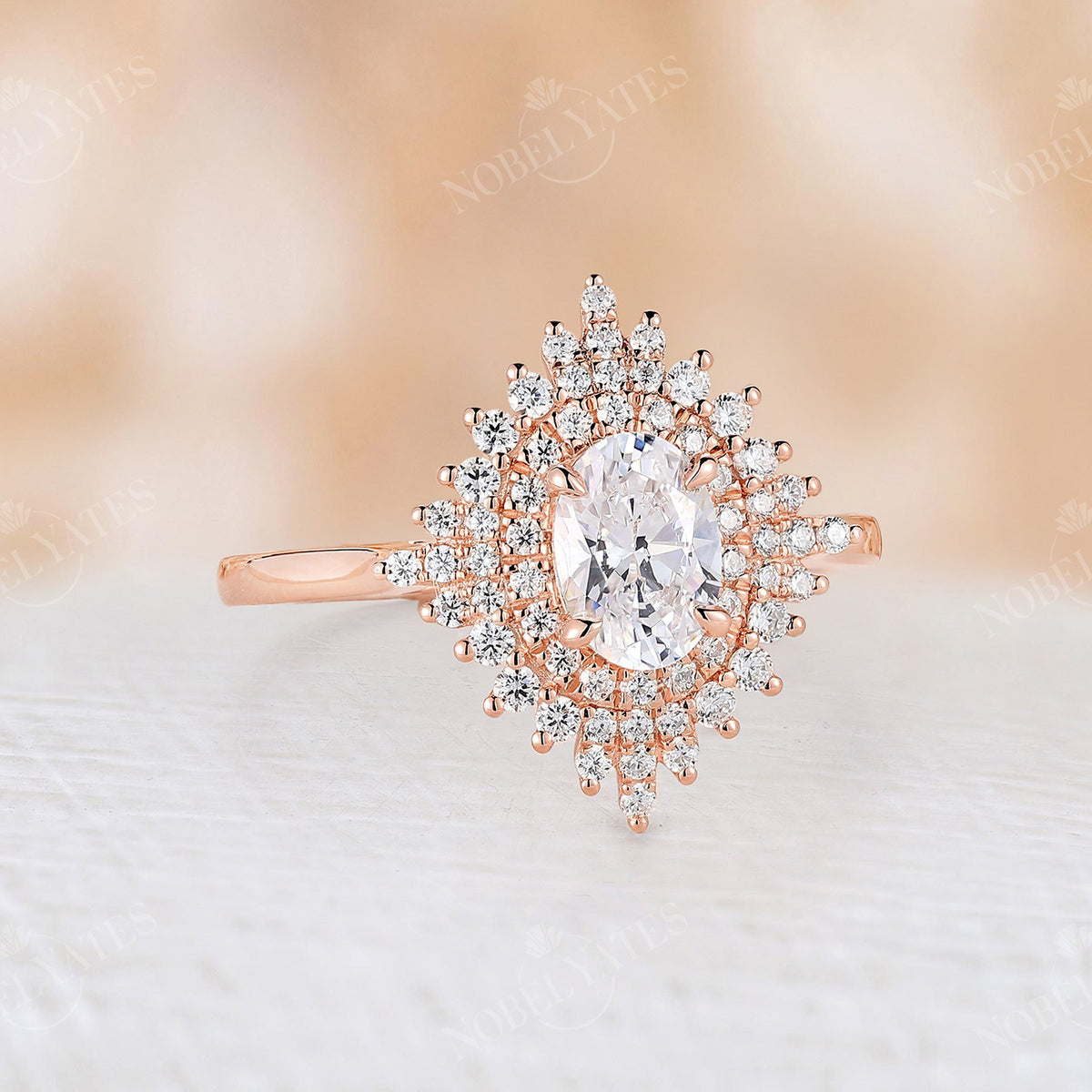 Vintage Oval Moissanite Engagement Ring Rose Gold Double Halo