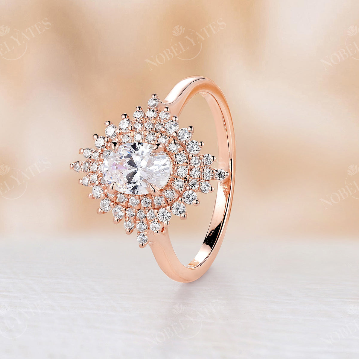 Vintage Oval Moissanite Engagement Ring Rose Gold Double Halo