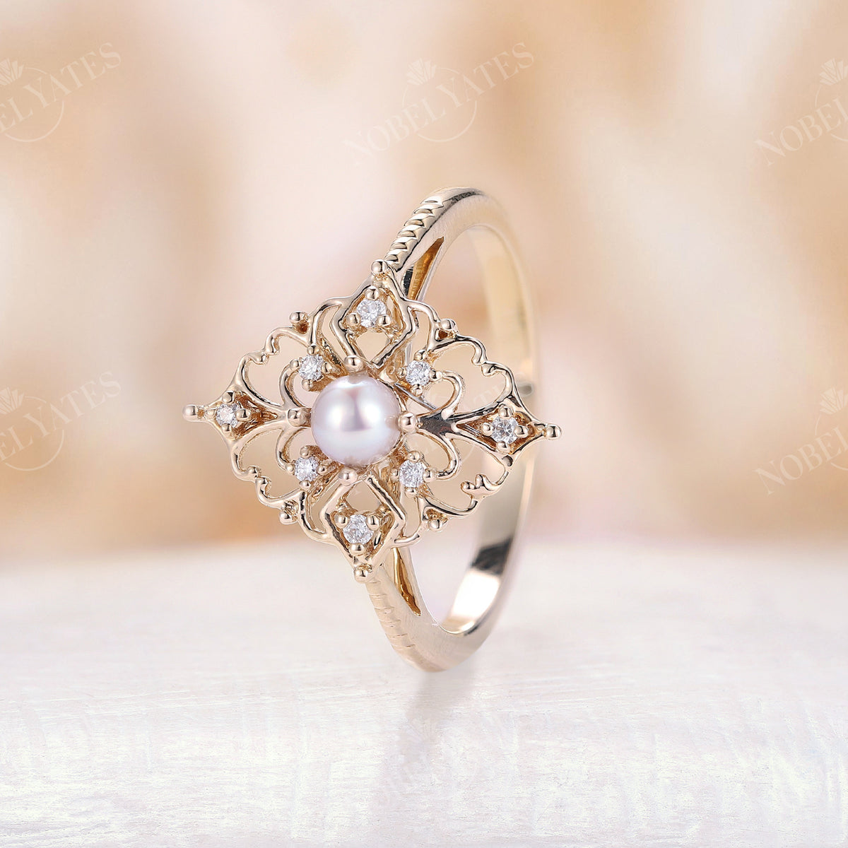 Vintage Round Pearl Filigree Engagement Ring Rose Gold