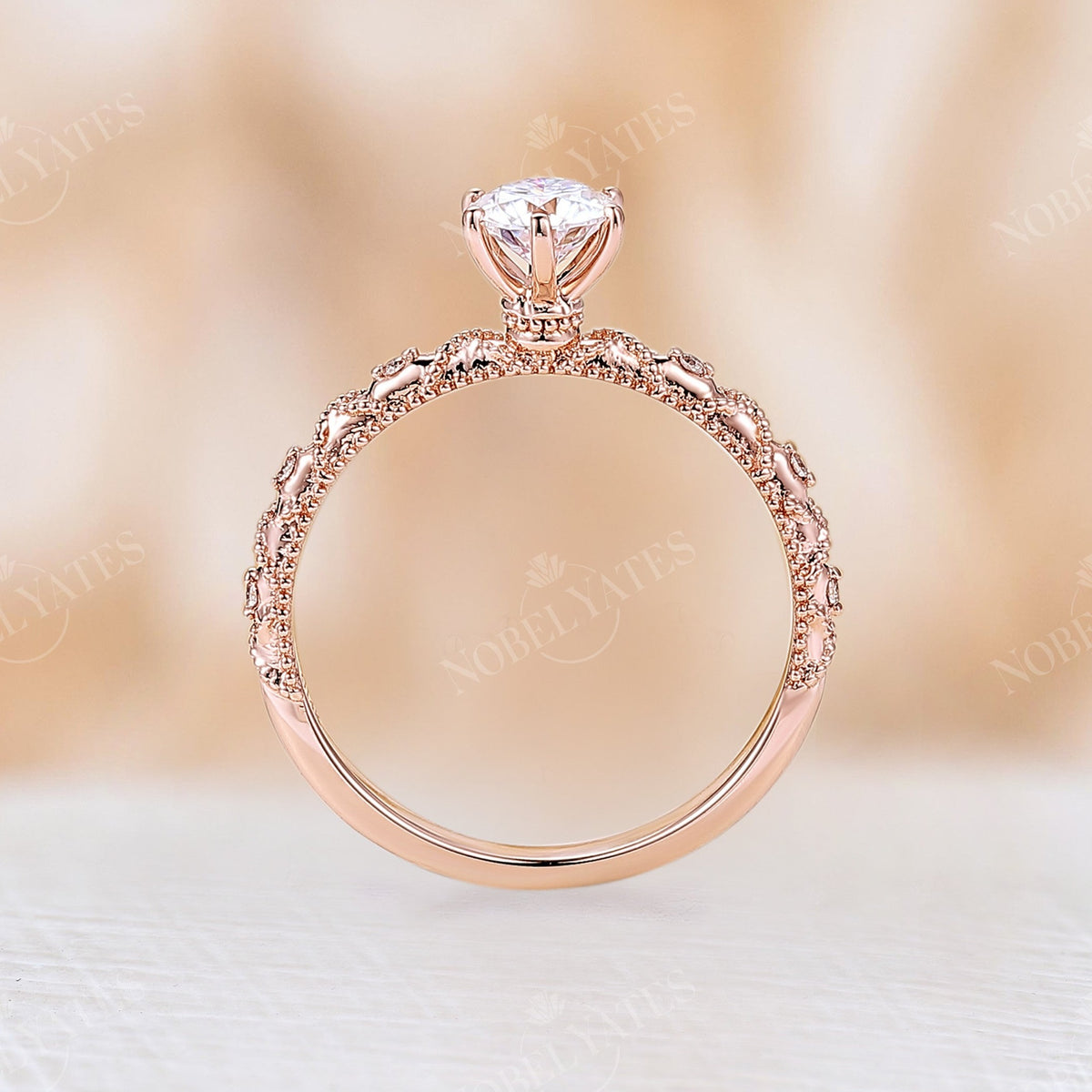 Vintage Round Moissanite Milgrain Engagement Ring Rose Gold