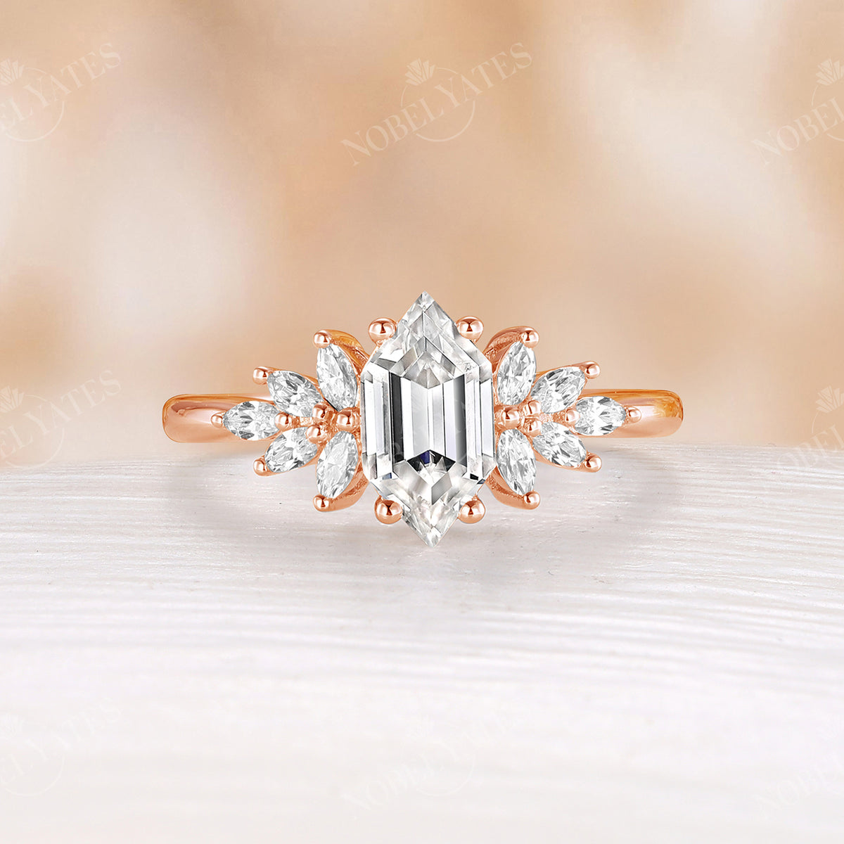 Marquise Cluster Hexagon Shape Moissanite Engagement Ring Rose Gold Band