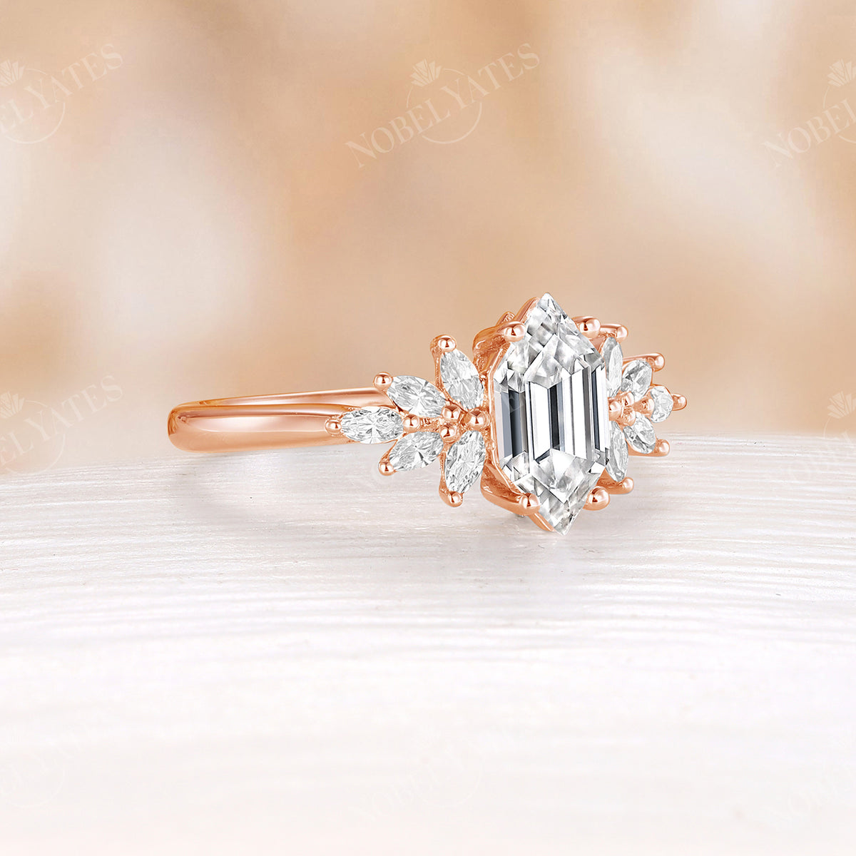 Marquise Cluster Hexagon Shape Moissanite Engagement Ring Rose Gold Band