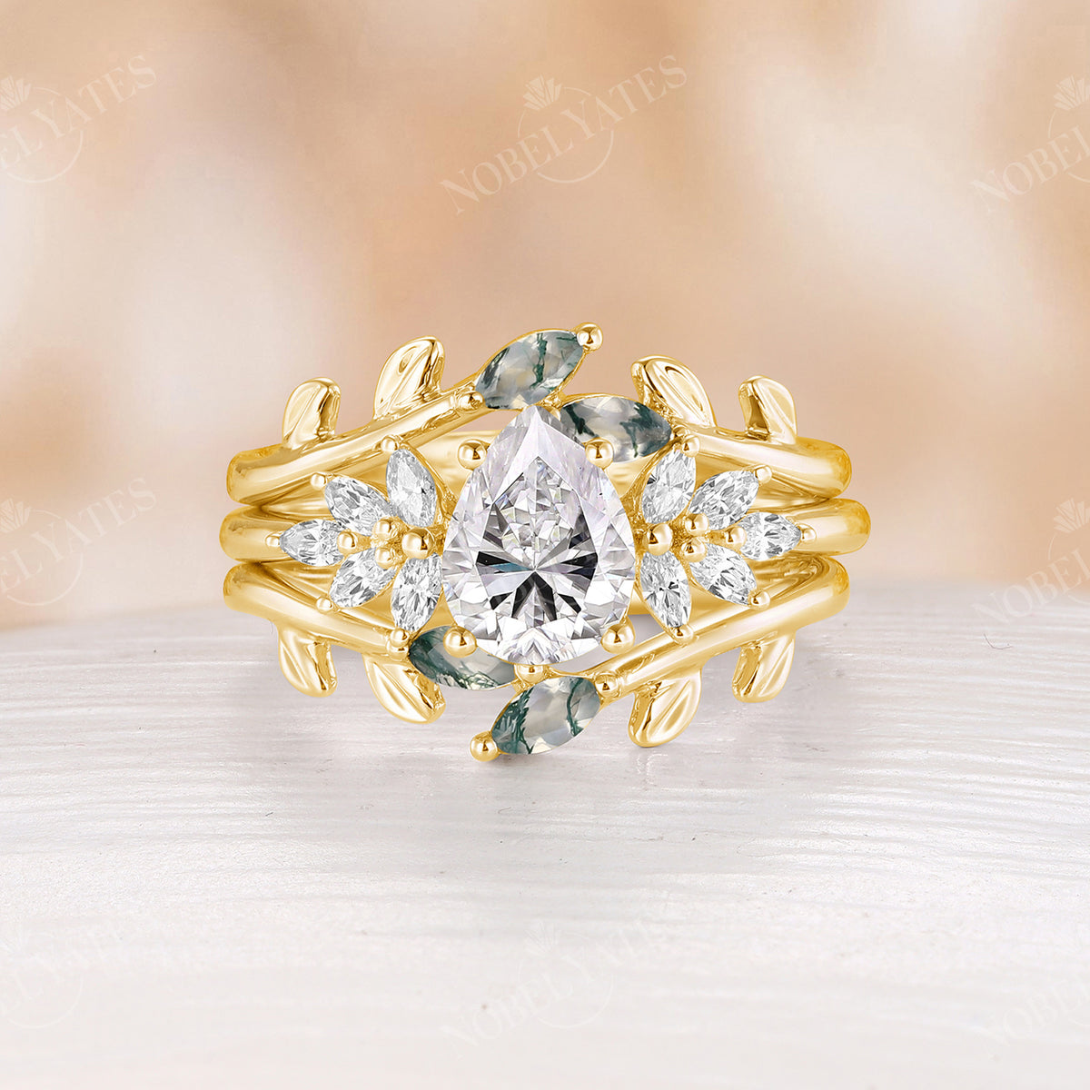 Nature Inspired Pear Moissanite Engagement Ring Set Leaf Matching Band