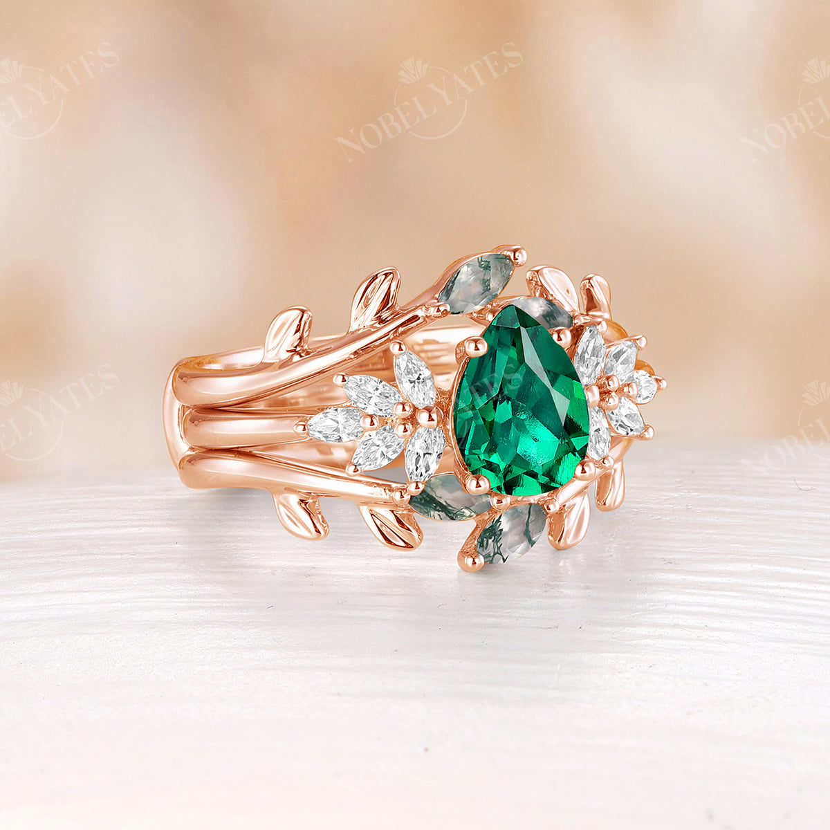 Nature Inspired Pear Lab Emerald Engagement Ring Set Leaf Matching Band