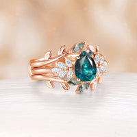 Pear Teal Sapphire Nature Inspired Engagement Ring Set Leaf Matching Ring Enhancer