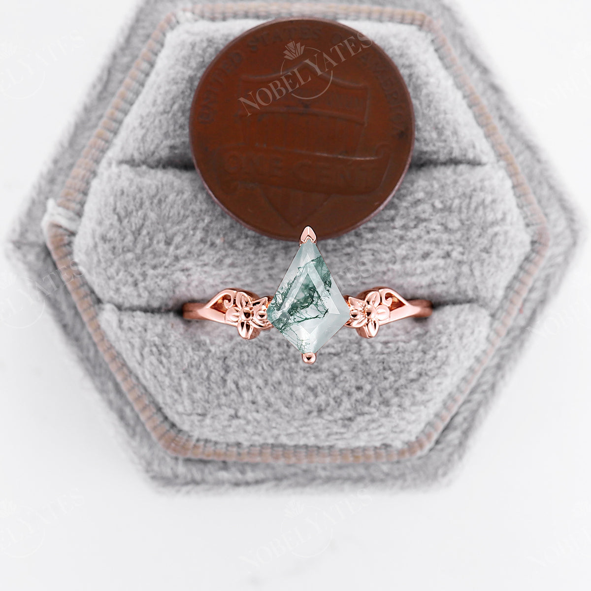 Kite Shape Solitaire Moss Agate Nature Flower Engagement Ring