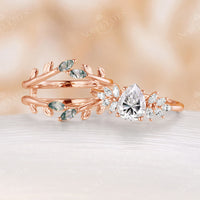 Nature Inspired Pear Moissanite Engagement Ring Set Leaf Matching Band
