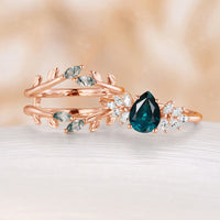 Pear Teal Sapphire Nature Inspired Engagement Ring Set Leaf Matching Ring Enhancer