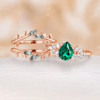 Nature Inspired Pear Lab Emerald Engagement Ring Set Leaf Matching Band