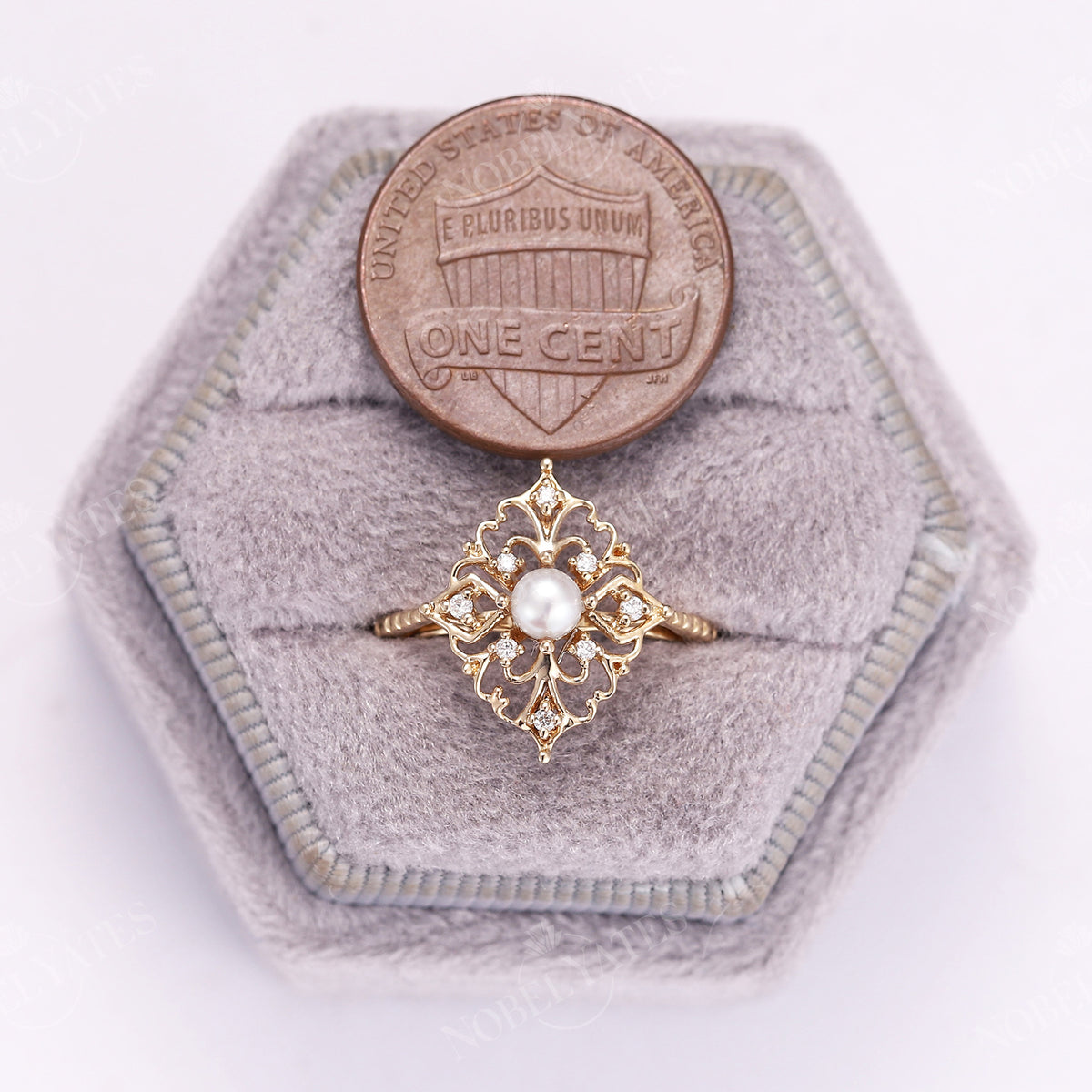 Vintage Round Pearl Filigree Engagement Ring Rose Gold