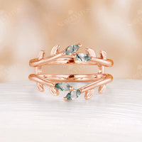 Marquise Moss Agate Leaves Design Ring Enhancer Rose Gold Matching Band