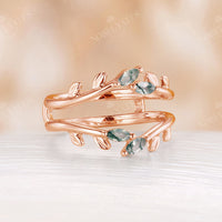 Marquise Moss Agate Leaves Design Ring Enhancer Rose Gold Matching Band