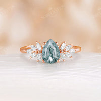 Pear Moss Agate Cluster Bridal Set Rose Gold Ring Enhancer Matching