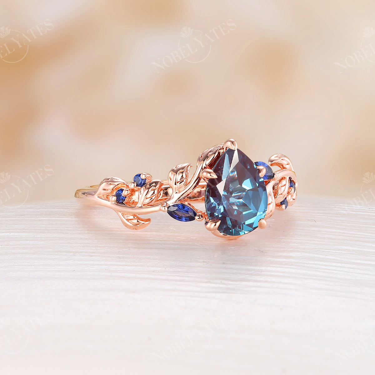 Lab Alexandrite Rose Gold Engagement Ring Bypass Nature Leaf Band