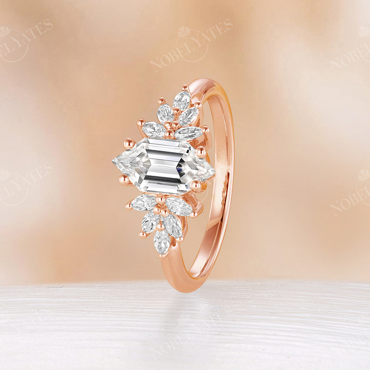 Marquise Cluster Hexagon Shape Moissanite Engagement Ring Rose Gold Band