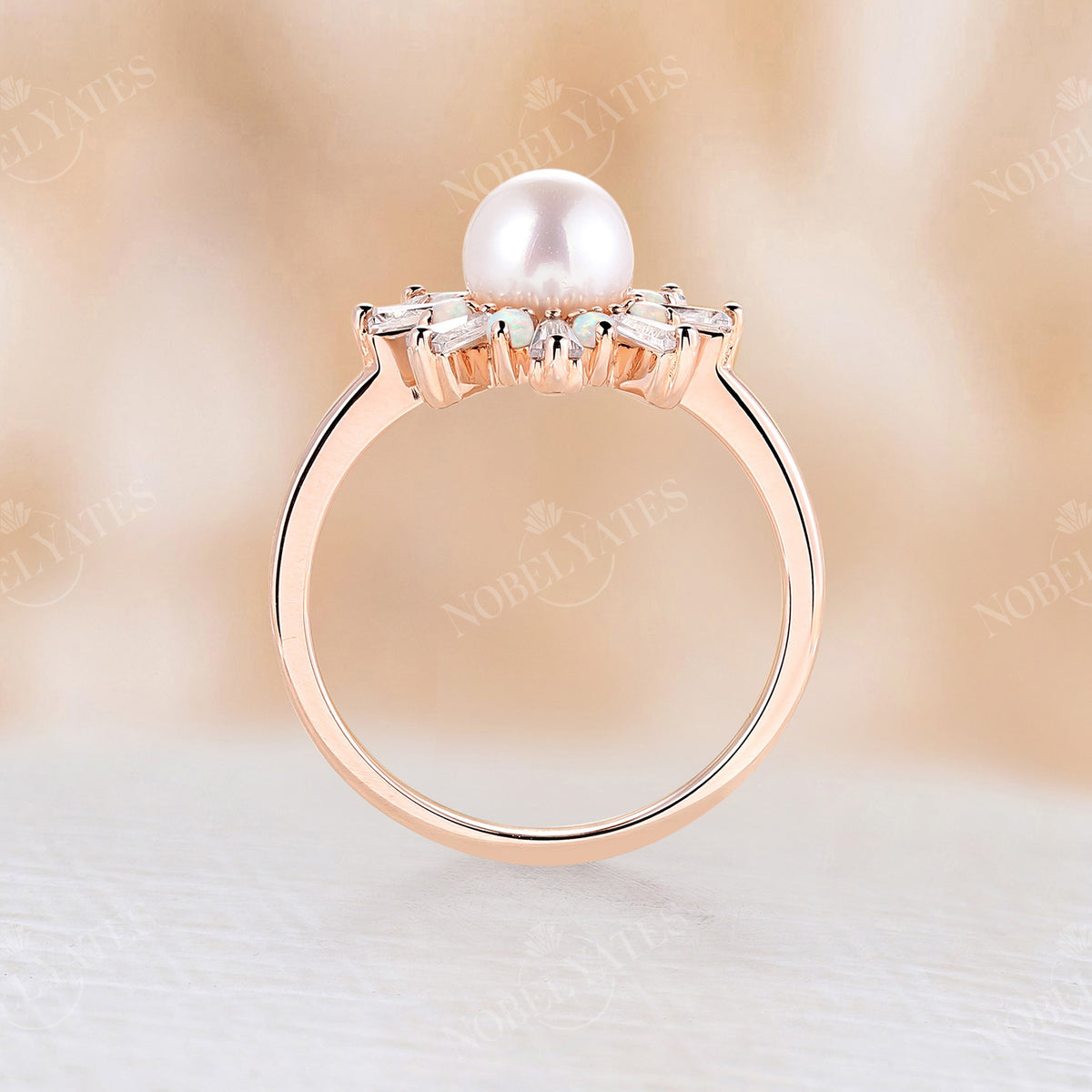 Art Deco Akoya Pearl Round Halo Engagement Ring Rose Gold