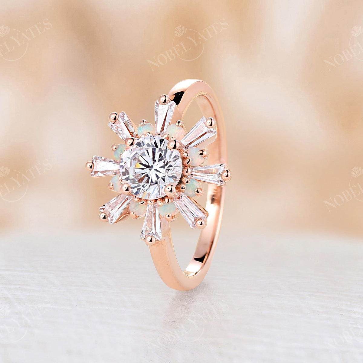 Art Deco Round Cut Moissanite Floral Engagement Ring Rose Gold