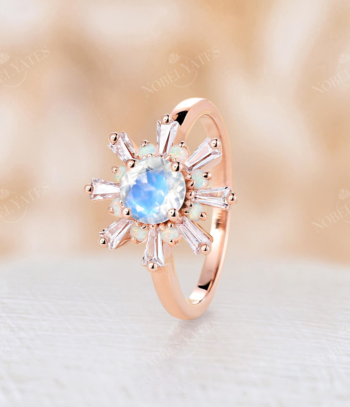 Moonstone Art Deco Round Engagement Ring Rose Gold